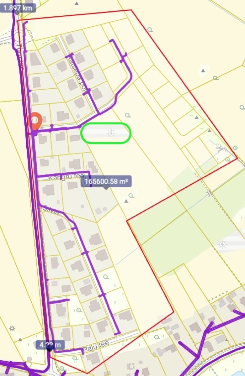 Sylvia substation supply area on the Elektrilevi map, red polygon of 165,600 m²